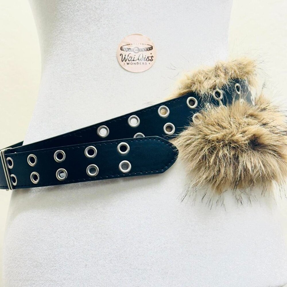 Y2K Black leather belt with Brown faux fur and silver metal buckle